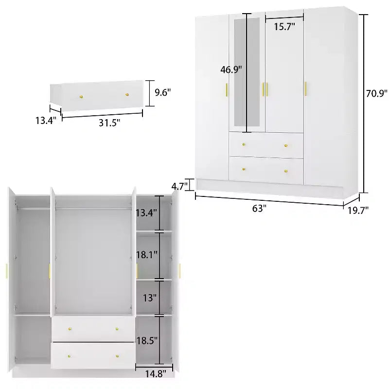 Armoire 4 portes avec miroir, 2 tiroirs et tringles de suspension - Blanc