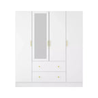 Armoire 4 portes avec miroir, 2 tiroirs et tringles de suspension - Blanc