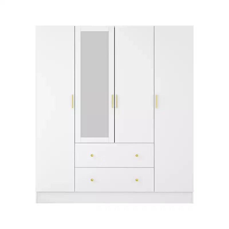 Armoire 4 portes avec miroir, 2 tiroirs et tringles de suspension - Blanc