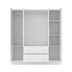 Armoire 4 portes avec miroir, 2 tiroirs et tringles de suspension - Blanc
