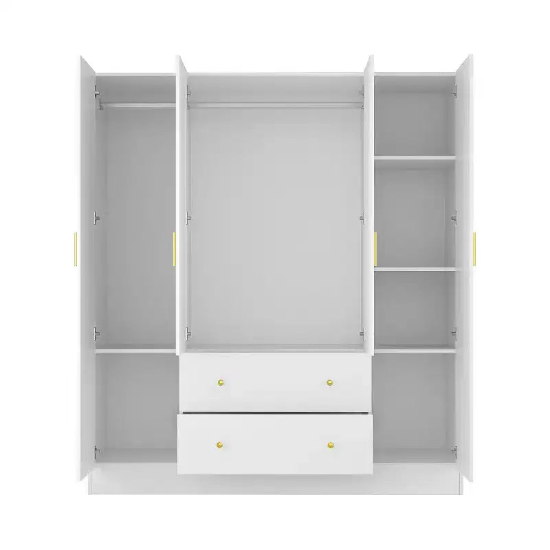 Armoire 4 portes avec miroir, 2 tiroirs et tringles de suspension - Blanc