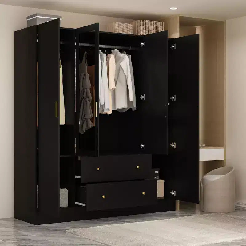 Armoire 4 portes avec miroir, 2 tiroirs et tringles de suspension - Blanc
