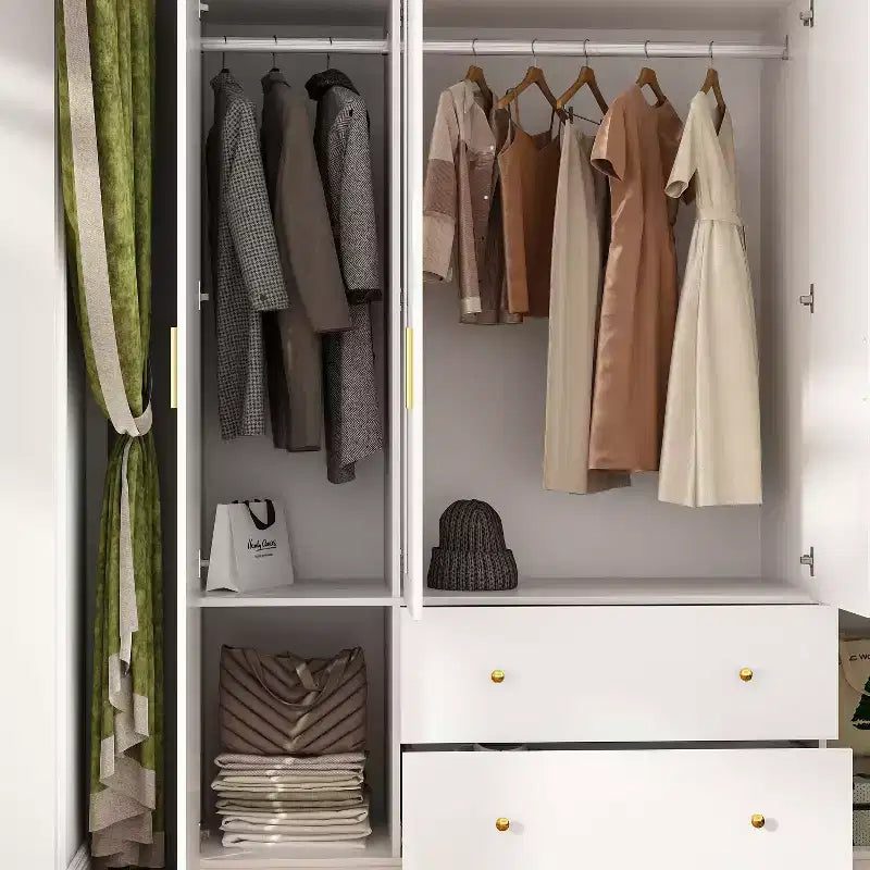 Armoire 4 portes avec miroir, 2 tiroirs et tringles de suspension - Blanc