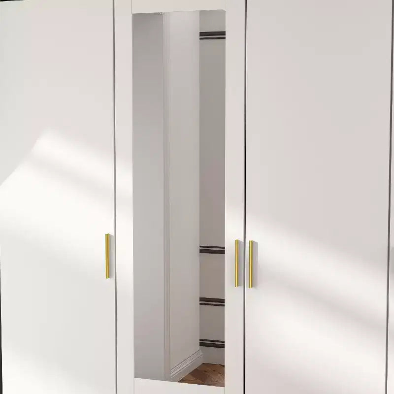 Armoire 4 portes avec miroir, 2 tiroirs et tringles de suspension - Blanc