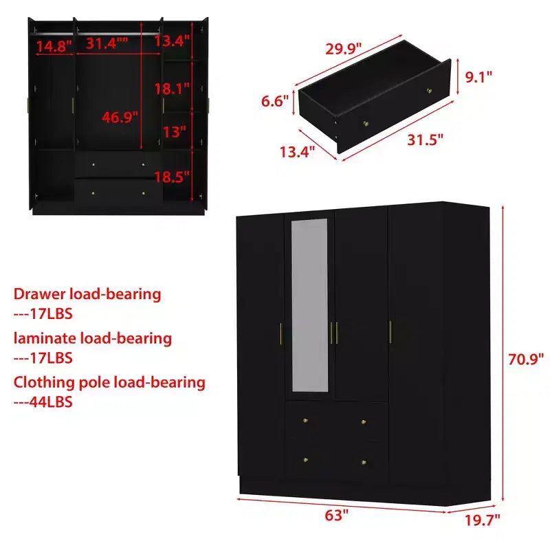 Armoire 4 portes avec miroir, 2 tiroirs et tringles de suspension - Blanc