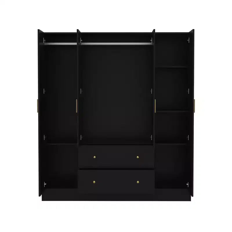 Armoire 4 portes avec miroir, 2 tiroirs et tringles de suspension - Blanc