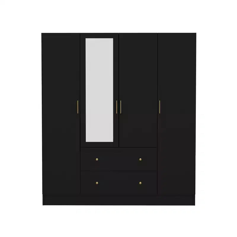 Armoire 4 portes avec miroir, 2 tiroirs et tringles de suspension - Blanc