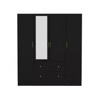 Armoire 4 portes avec miroir, 2 tiroirs et tringles de suspension - Blanc