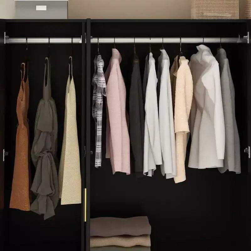 Armoire 4 portes avec miroir, 2 tiroirs et tringles de suspension - Blanc