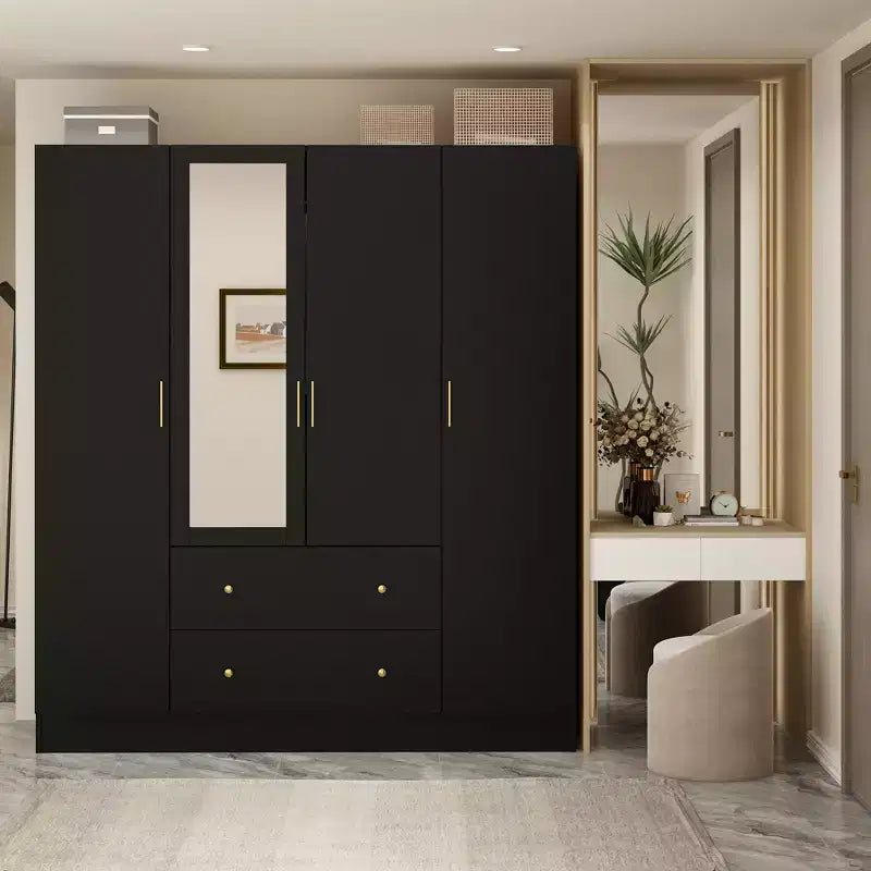 Armoire 4 portes avec miroir, 2 tiroirs et tringles de suspension - Blanc