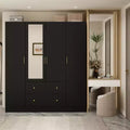 Armoire 4 portes avec miroir, 2 tiroirs et tringles de suspension - Blanc