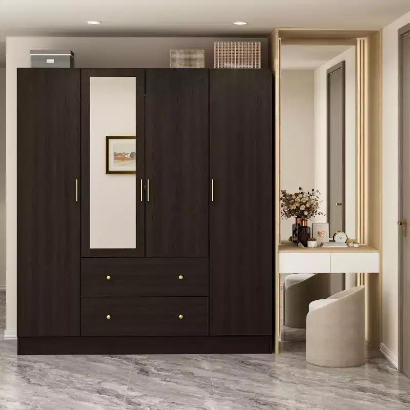 Armoire 4 portes avec miroir, 2 tiroirs et tringles de suspension - Blanc