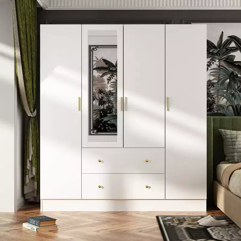 Armoire 4 portes avec miroir, 2 tiroirs et tringles de suspension - Blanc